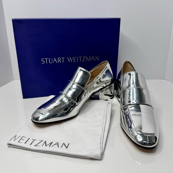 Stuart Weitzman ‘Sawyer’ Metallic Block Heel Loafer in Polar Silver NIB - Picture 2 of 11